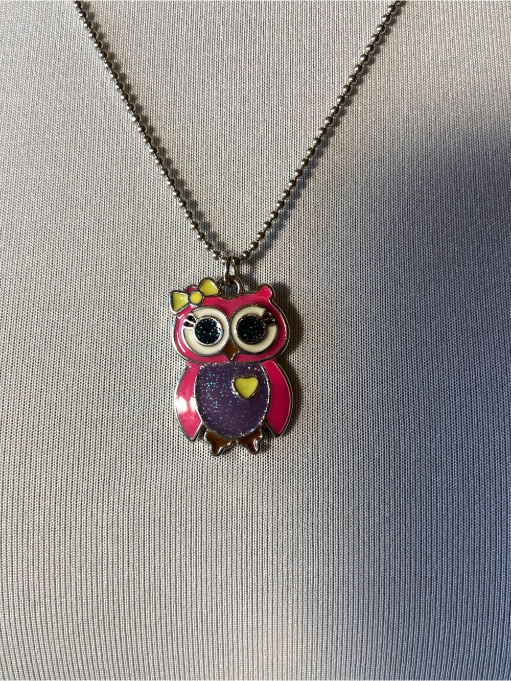 Vintage Pink Owl Pendant Necklace with Purple Belly and Yellow Bow